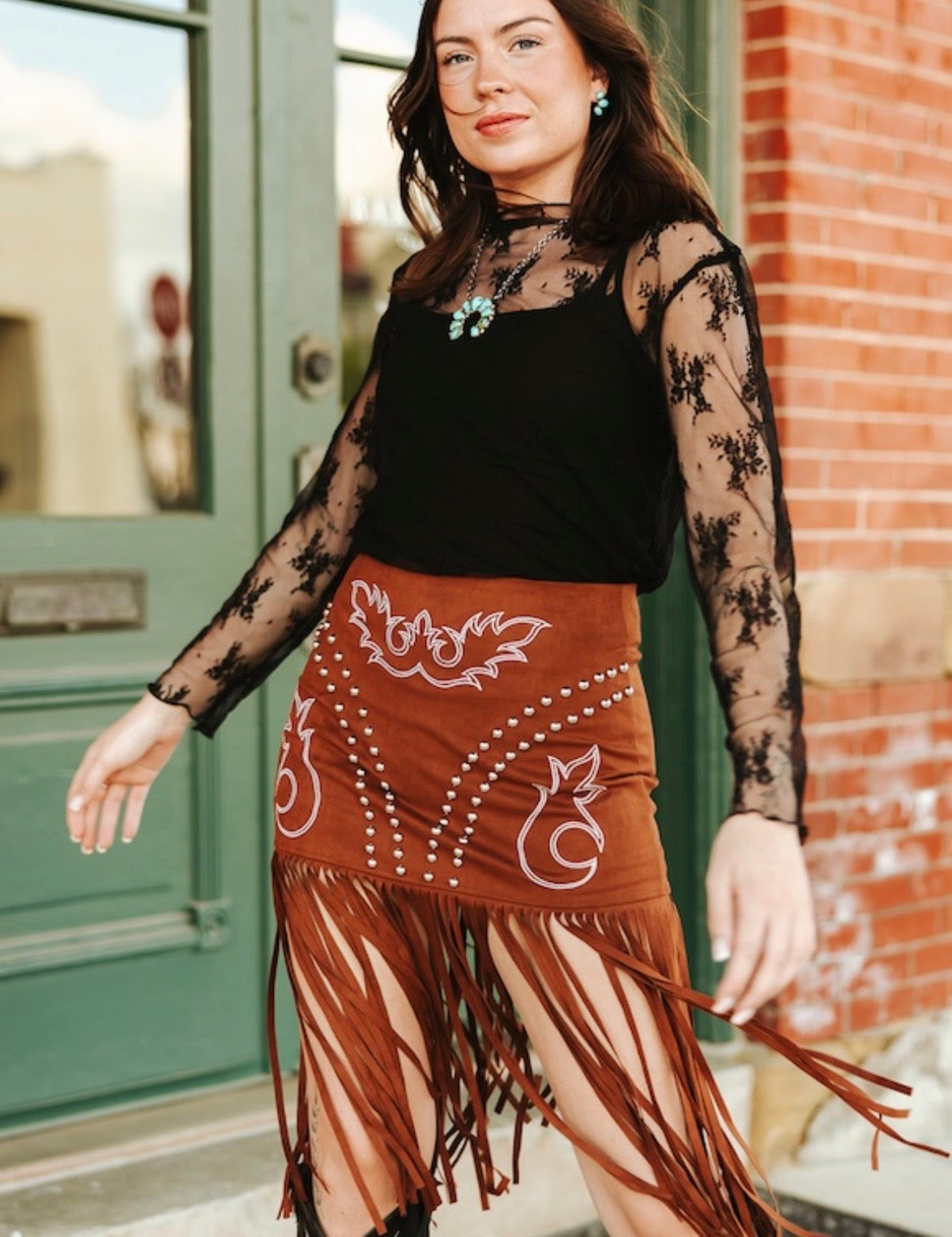 Bootstitch Embroided Fringe Skirt (Brown)