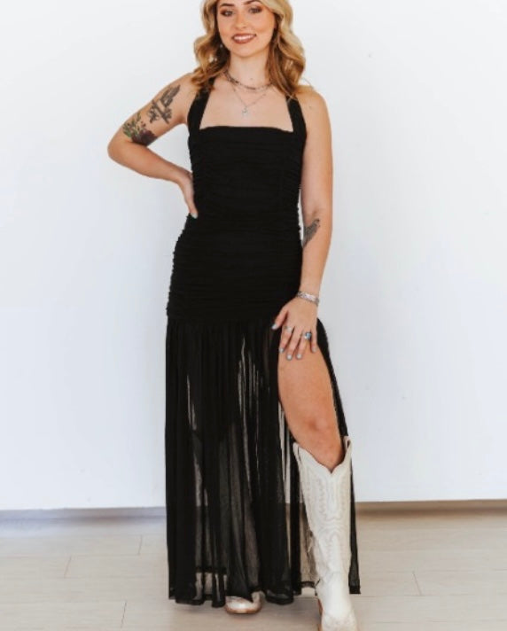 Halter Slit Mesh Dress (Black)