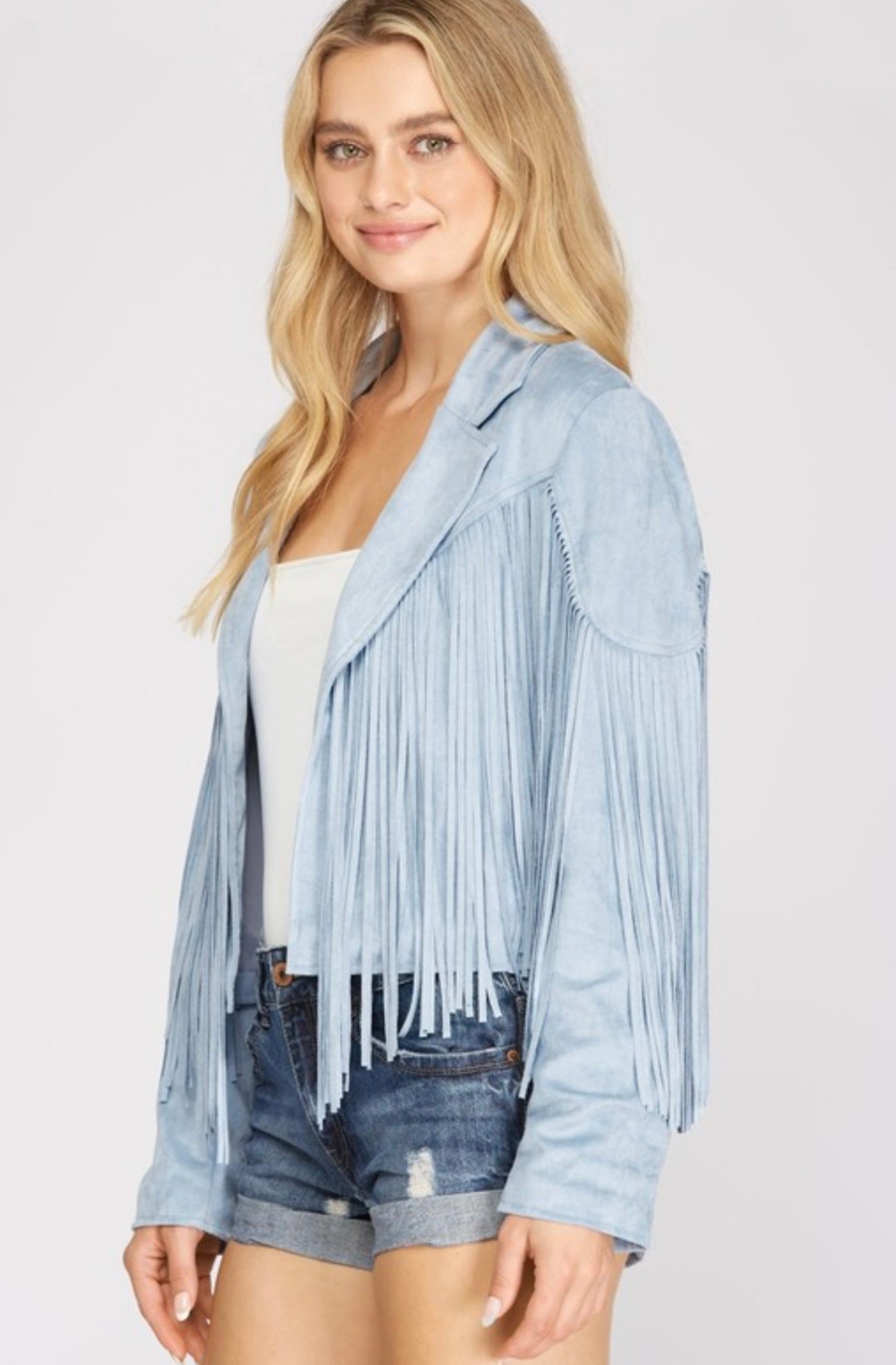 Baby blue fringe jacket