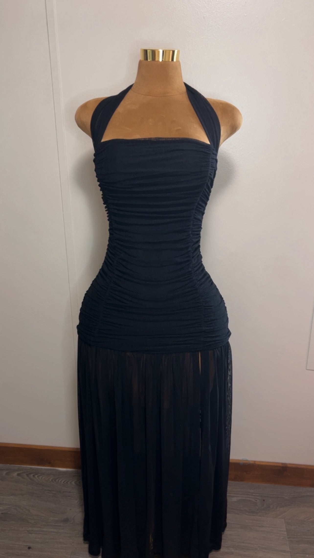 Halter Slit Mesh Dress (Black)