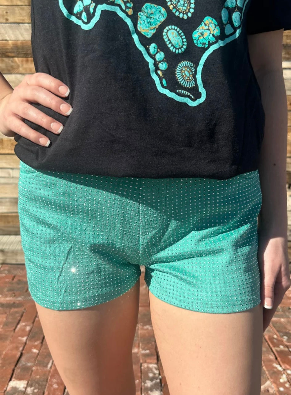 Rhinestone Shorts Turquoise