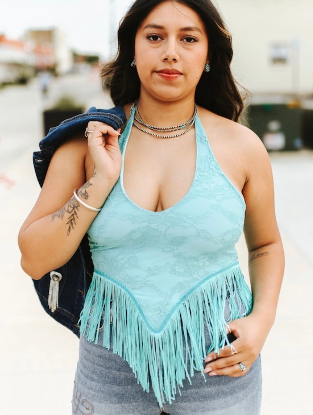 Fringe Halter Top (Turquoise)