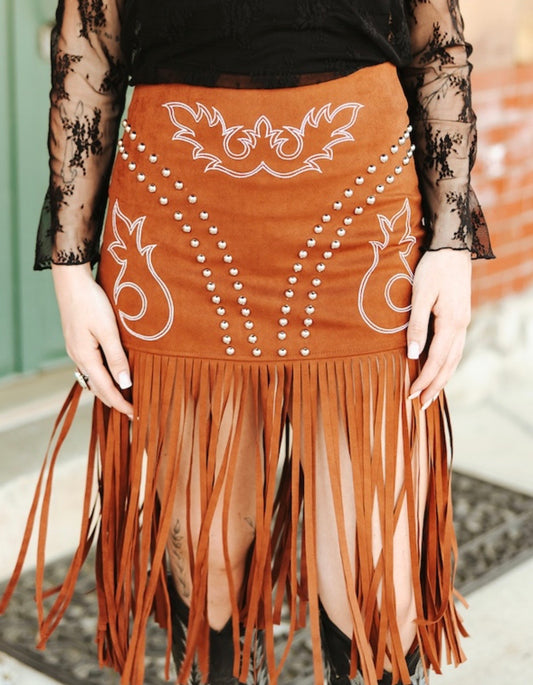 Bootstitch Embroided Fringe Skirt  (Brown)