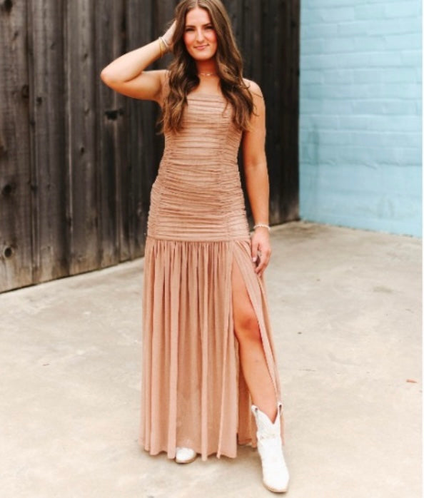 Halter Slit Mesh Dress (Beige)