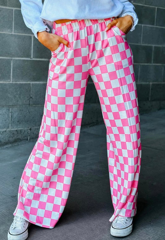 Checkered Wide Leg Pants (Pink)