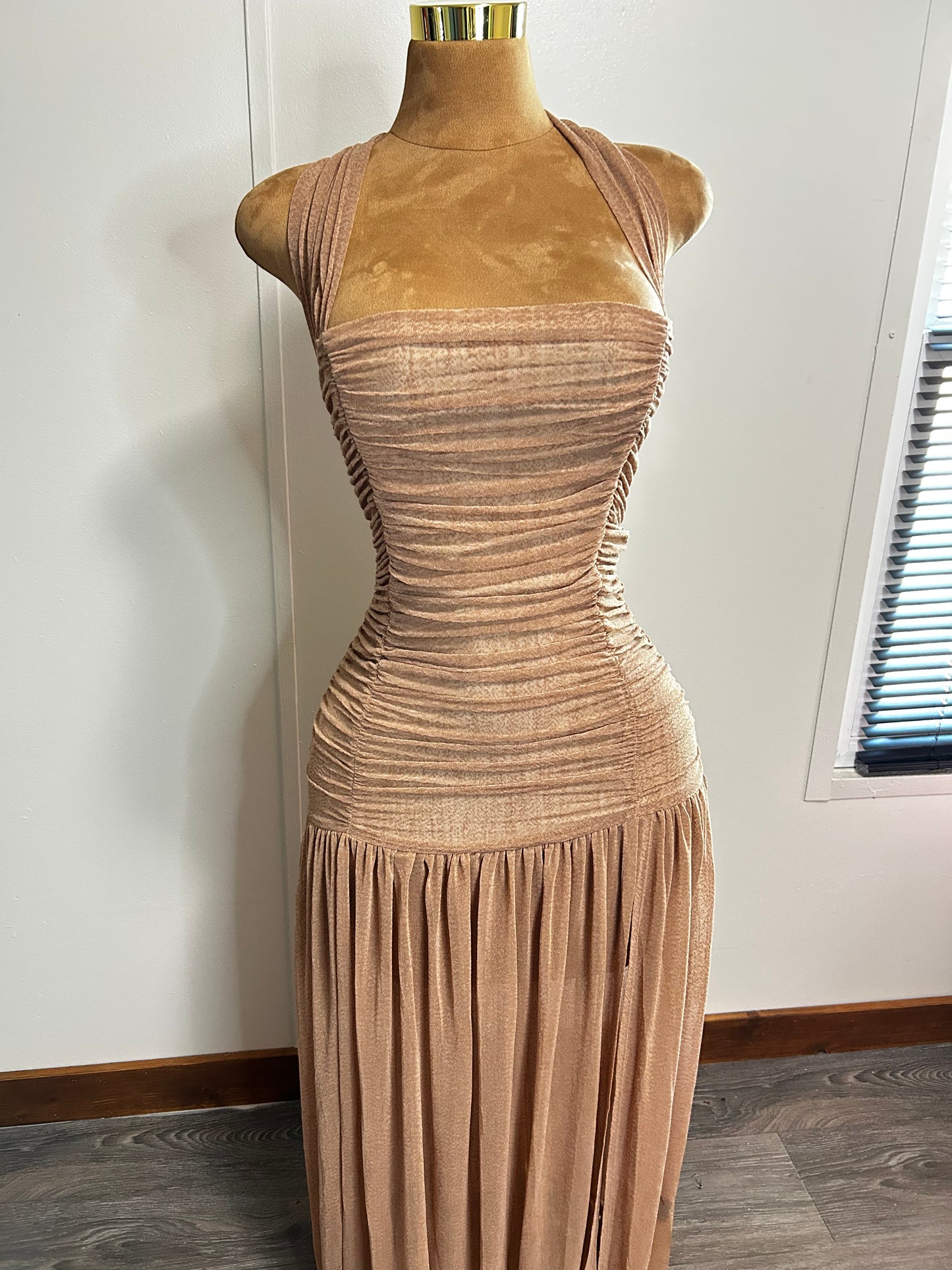 Halter Slit Mesh Dress (Beige)