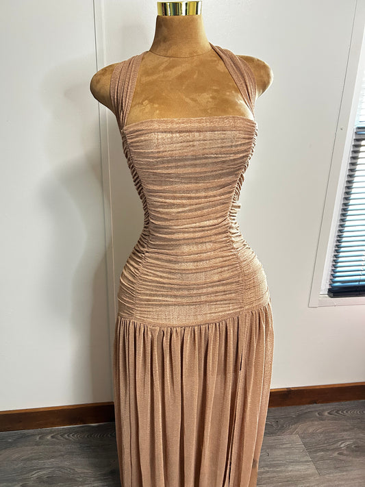Halter Slit Mesh Dress (Beige)