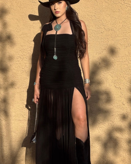 Halter Slit Mesh Dress (Black)