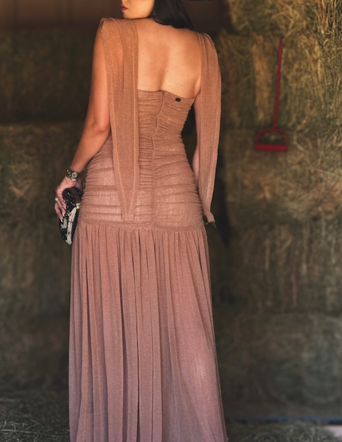Halter Slit Mesh Dress (Beige)