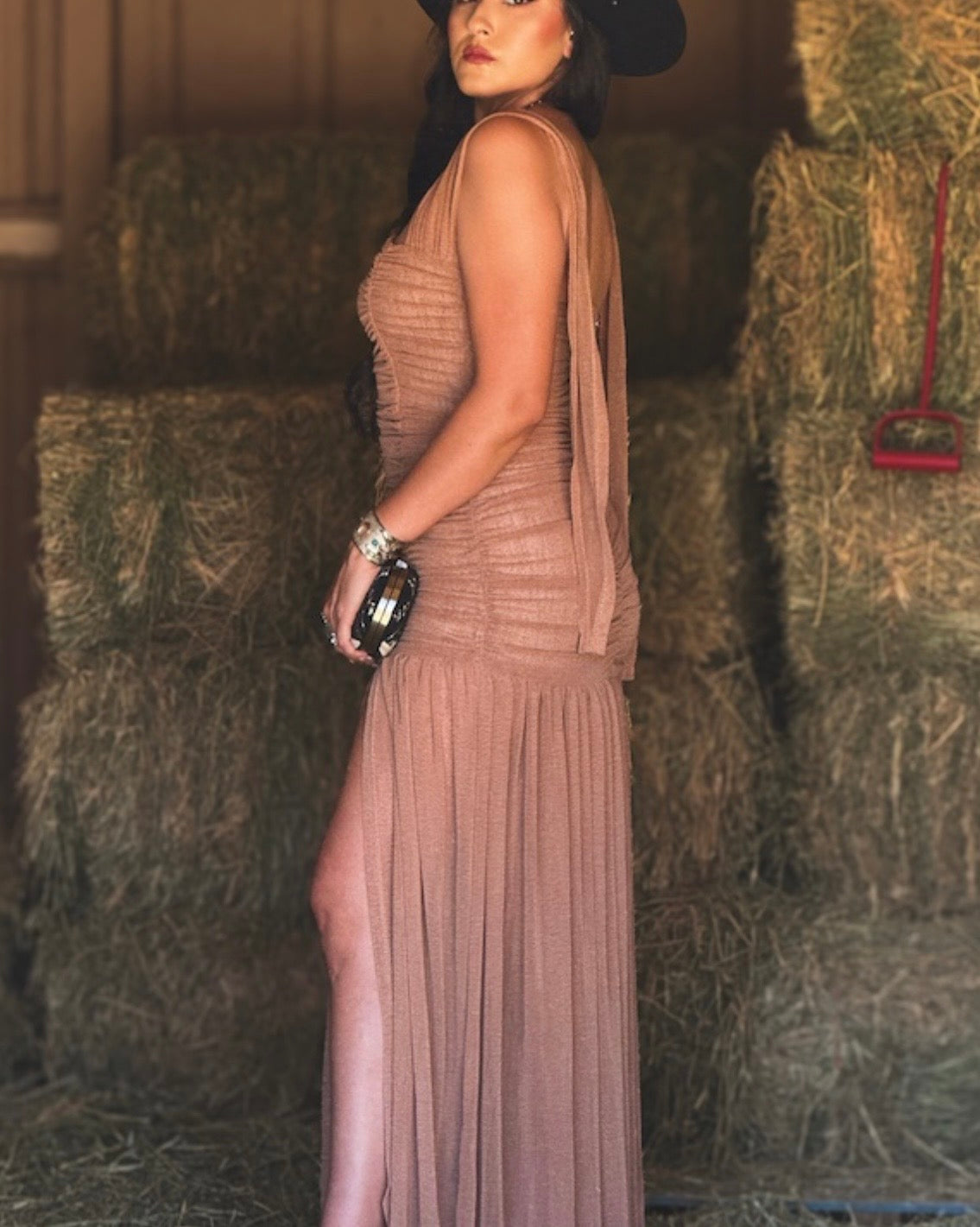Halter Slit Mesh Dress (Beige)