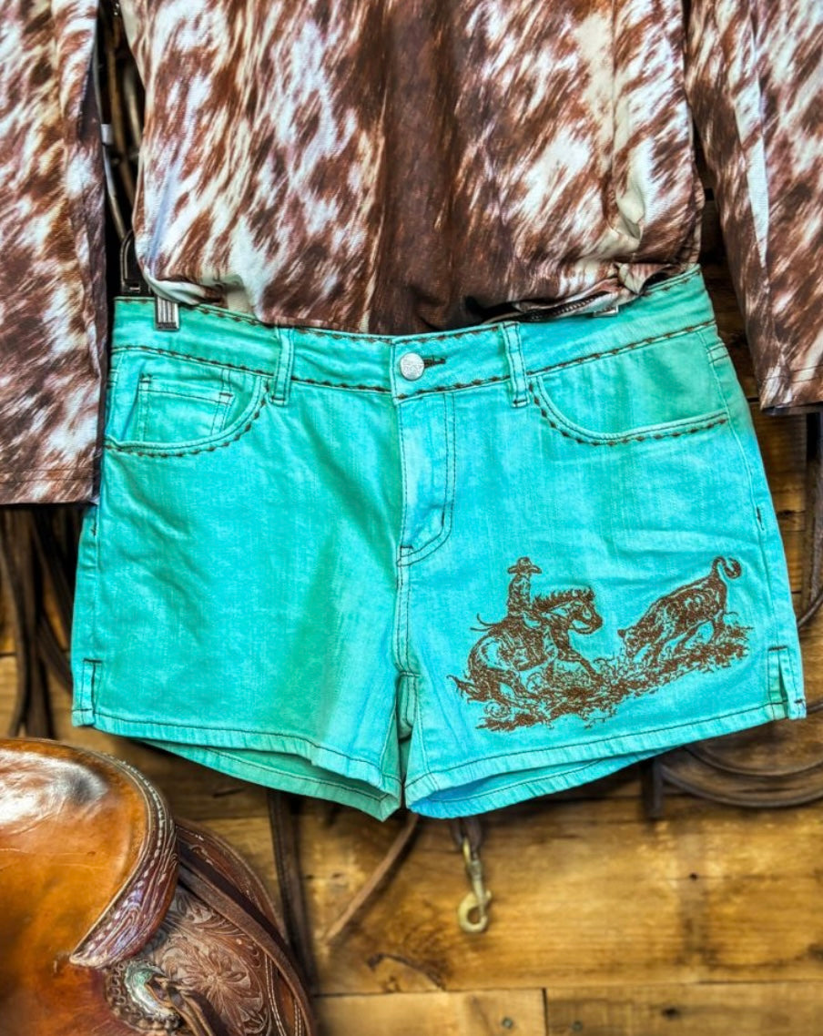 Turquoise Cowboy Cutter Shorts