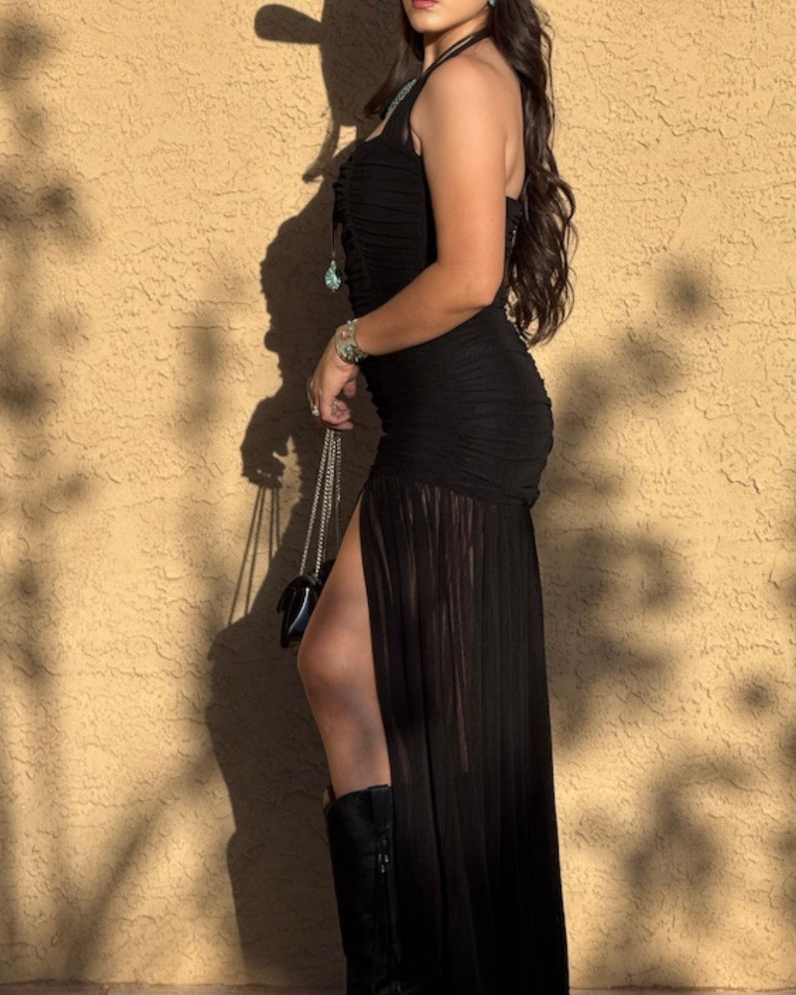 Halter Slit Mesh Dress (Black)