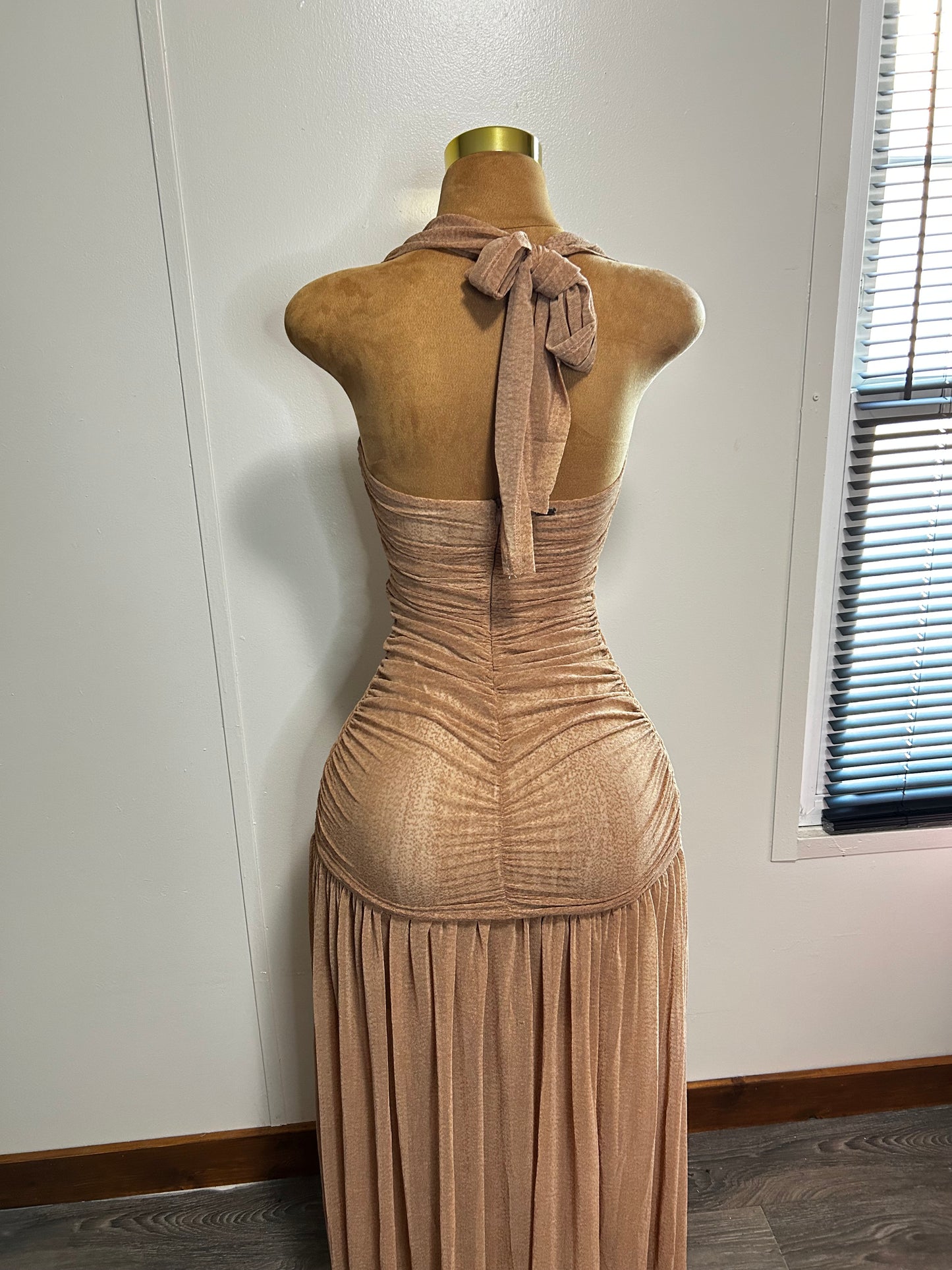Halter Slit Mesh Dress (Beige)