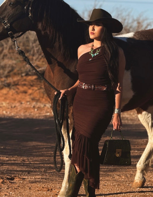 Cowgirl Ruched Dress (Brown)